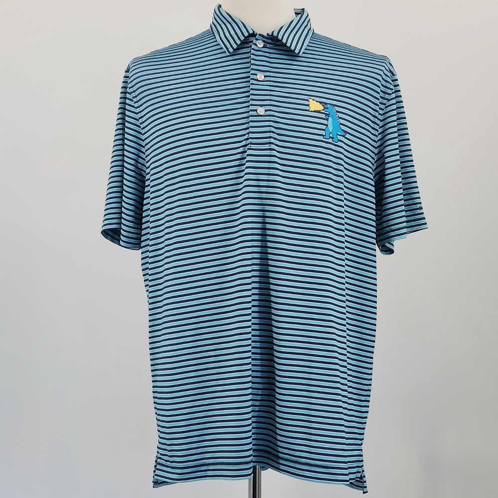 Preppy Chubbies Fired Up T-Rex Polo Men L Blue Stripe Golf Shirt Stretch Funny